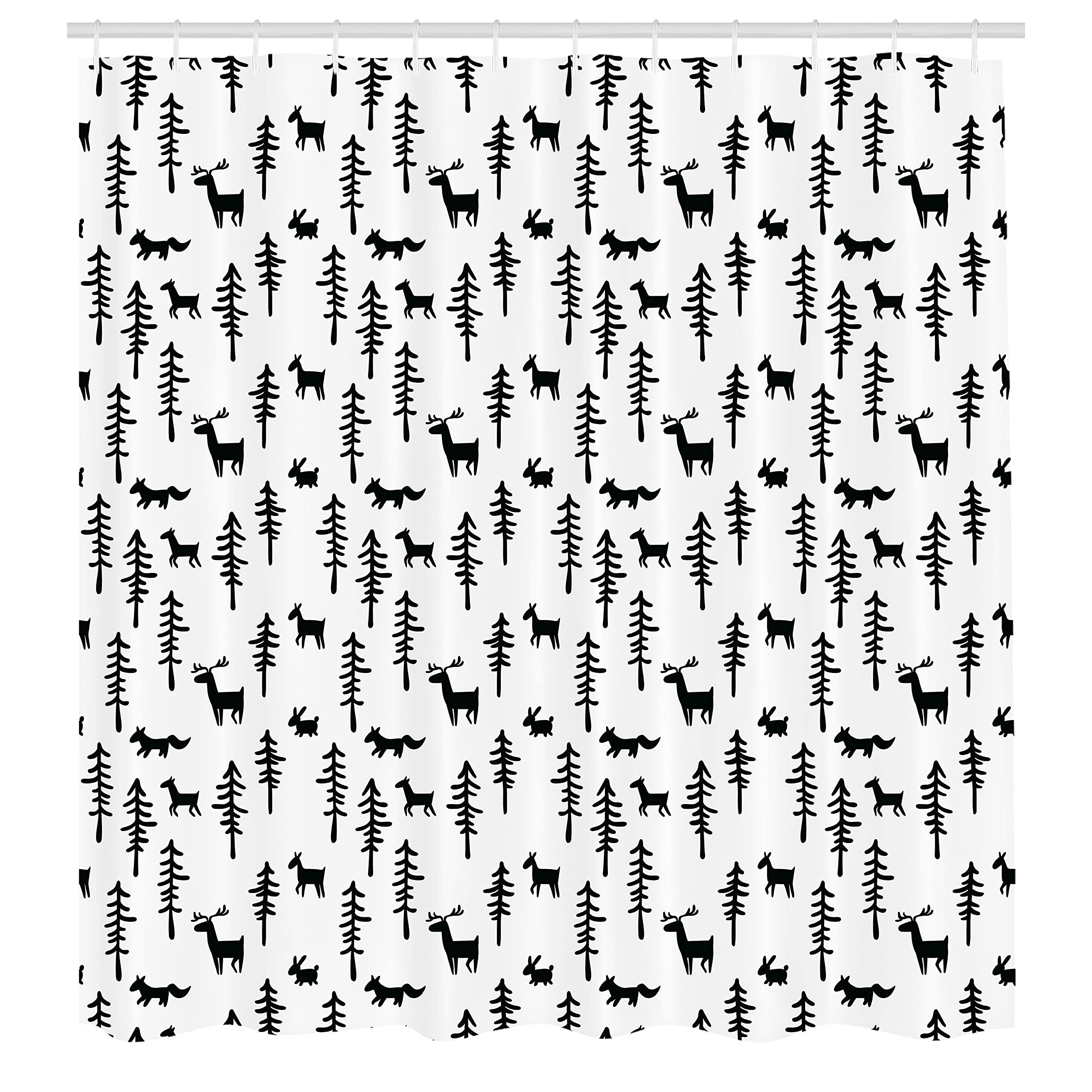 Ambesonne Forest Shower Curtain, Christmas Spirit Inspired Sketchy Reindeer Pine Trees Rabbits Animal Design, Cloth Fabric Bathr
